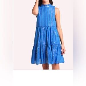 177 OLIPHANT Blue & metallic, striped, tiered, sleeveless dress